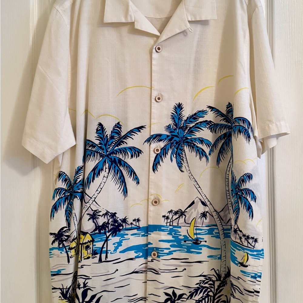 Tommy Bahama Cream Hawaiian Shirt with Blue and Yellow Palm Print